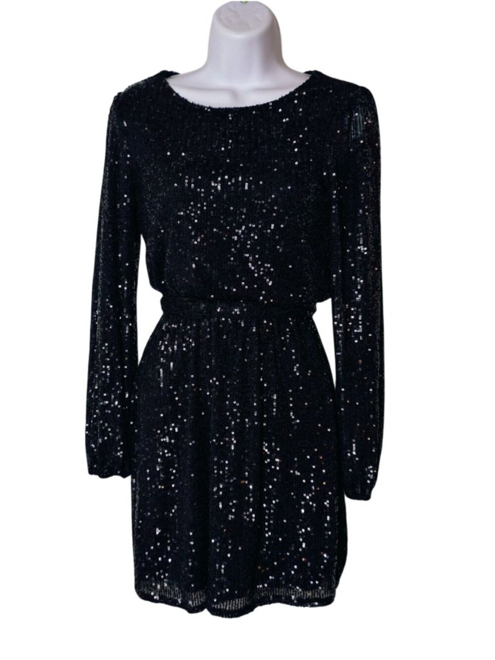 Crystal Sky Womens XS Mini Dress Black Sequin Long Sleeve Party Cocktail Evening